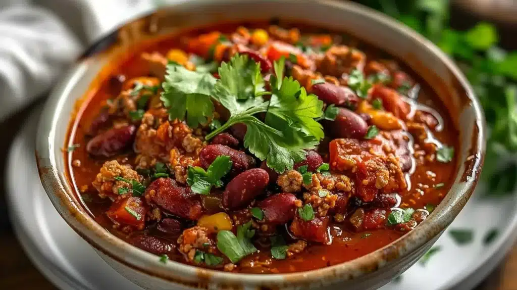 A bowl of hearty slow cooker turkey chili topped with fresh cilantro and cheese.