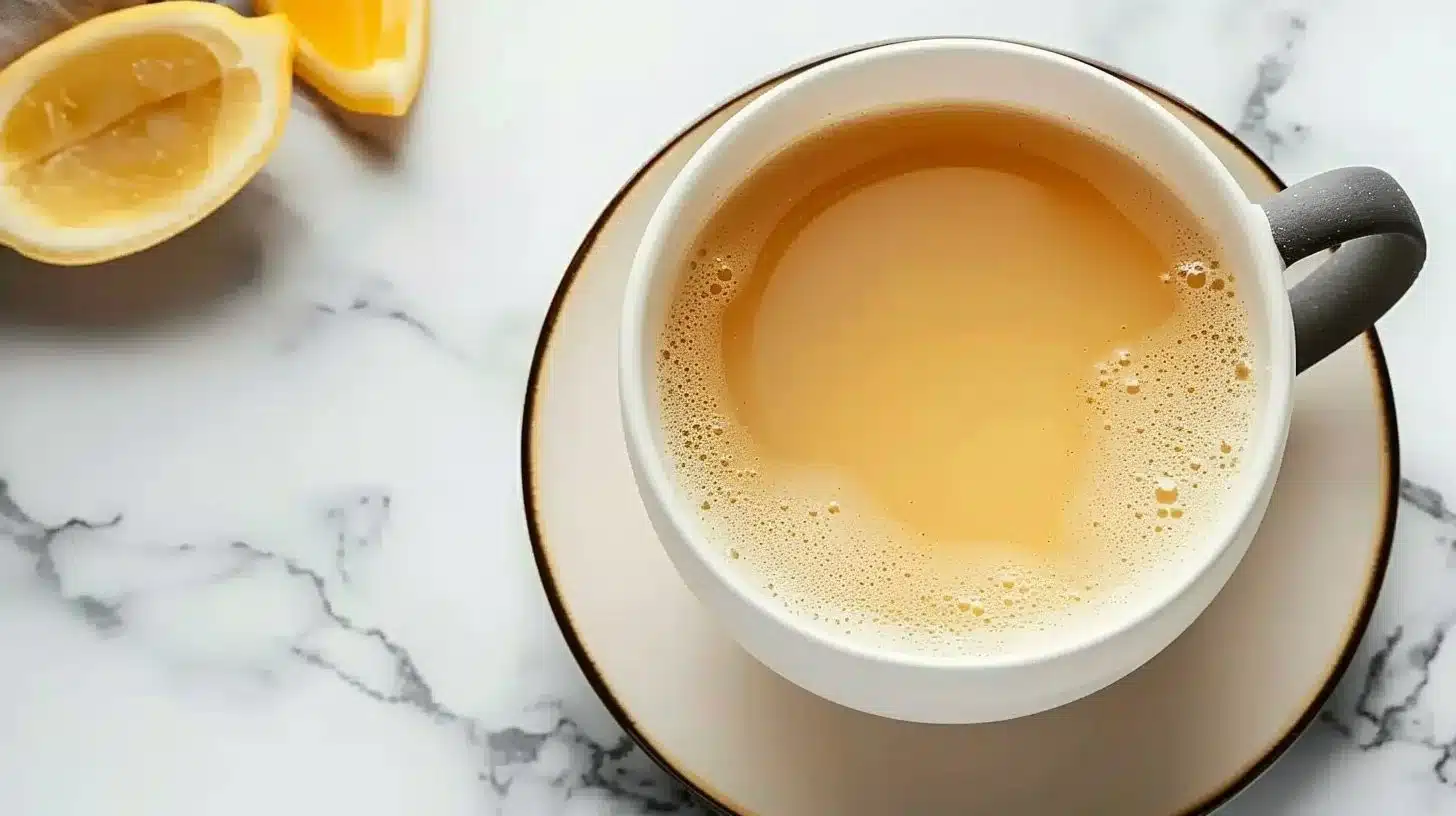 A warm cup of soothing throat tea with honey and lemon.