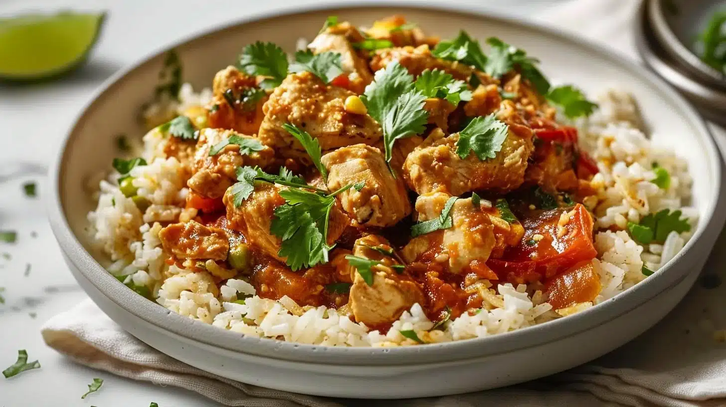 Delicious Southwest Crock Pot Chicken with rice served in a bowl
