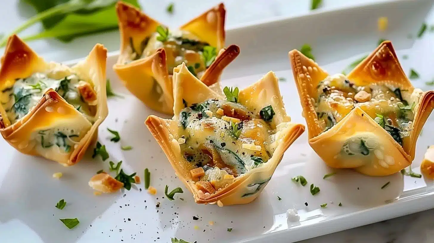 Crispy spinach-artichoke dip wonton cups ready for serving
