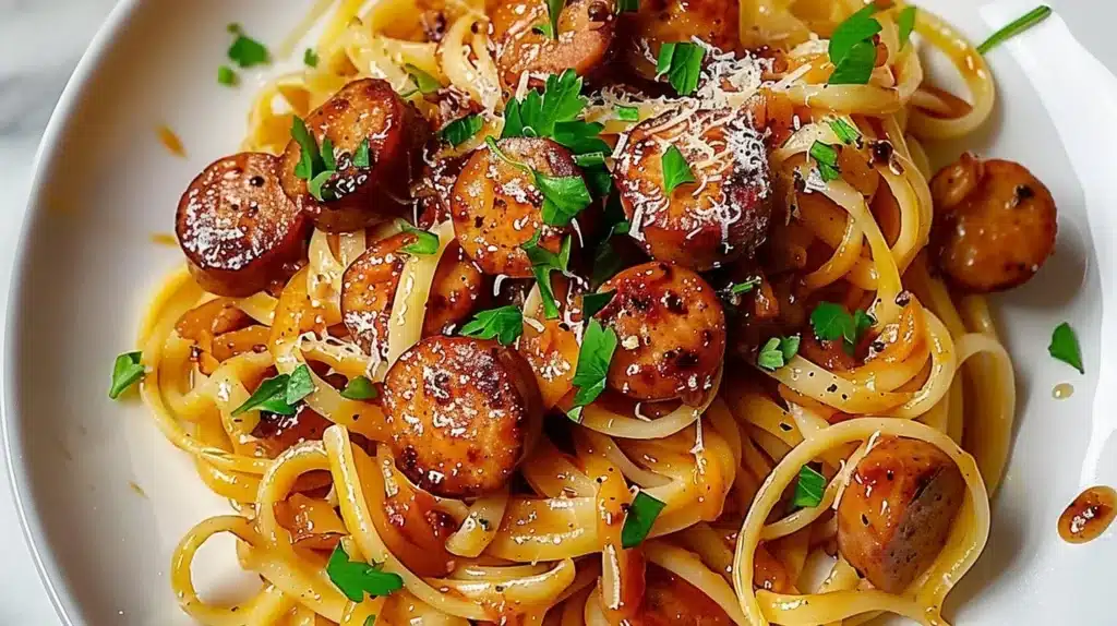 Delicious honey garlic sausage pasta topped with herbs and sauce