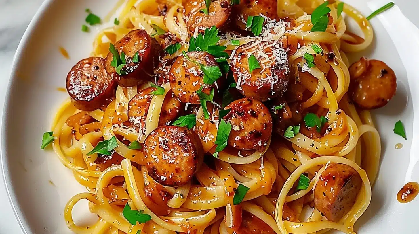 Delicious honey garlic sausage pasta topped with herbs and sauce