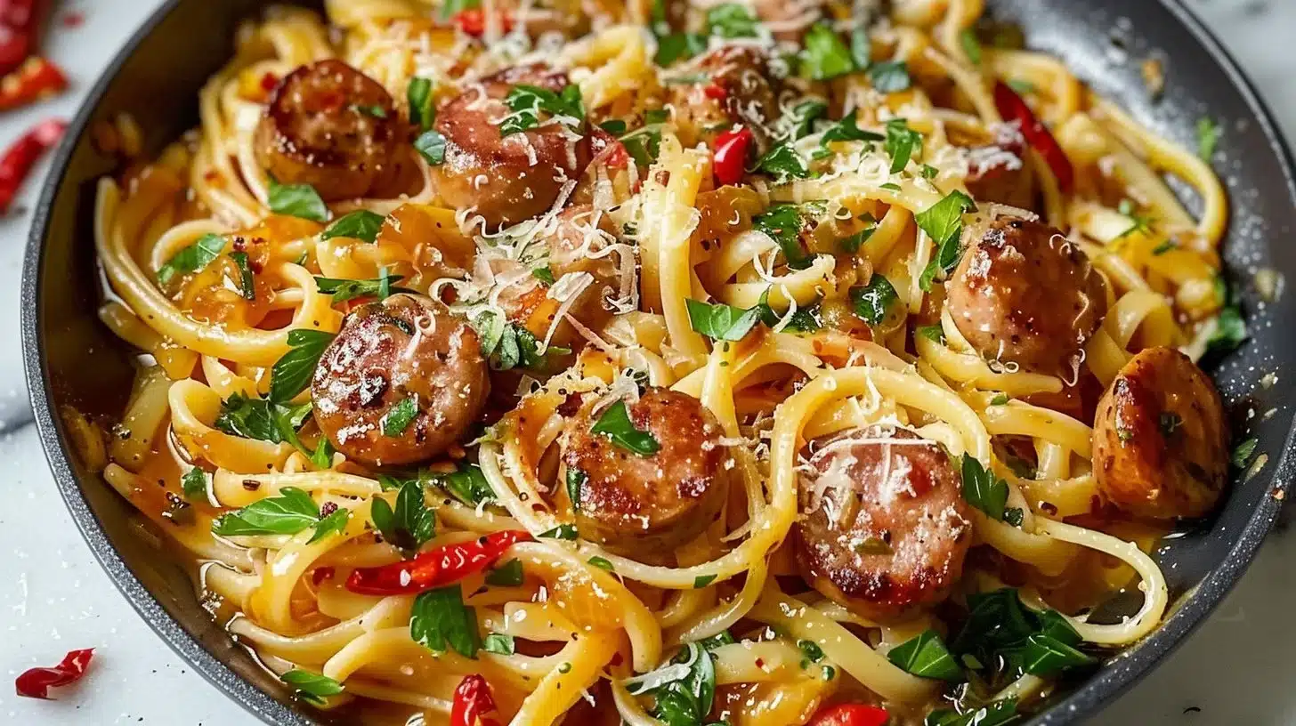 Delicious sticky honey garlic sausage pasta skillet ready to serve