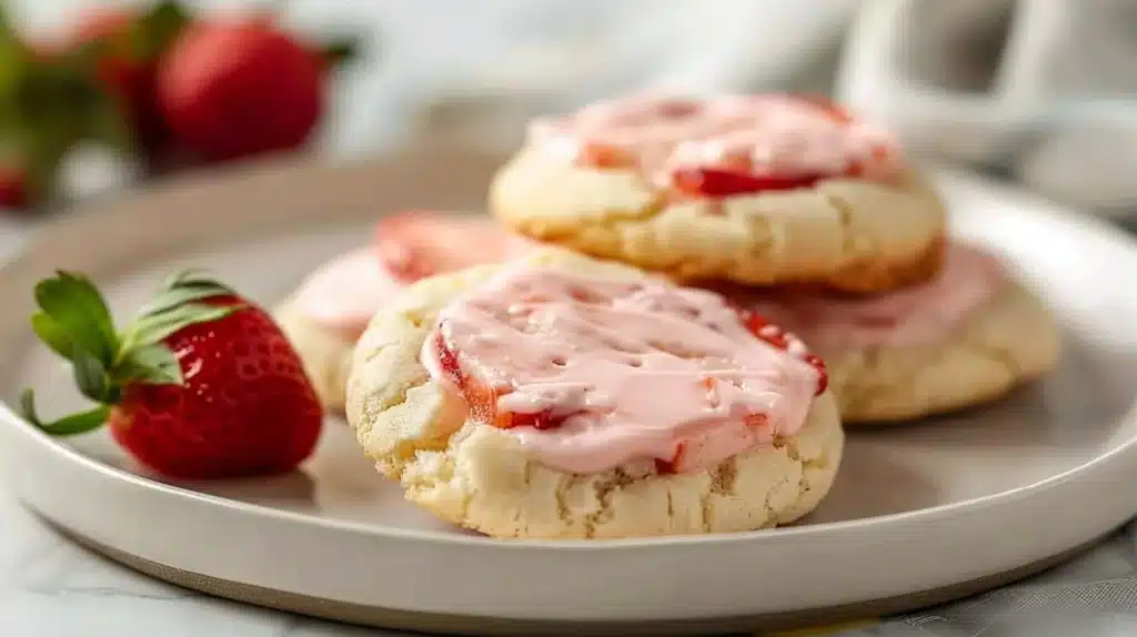 Strawberry cheesecake cookies decorated with fresh strawberries and cream cheese