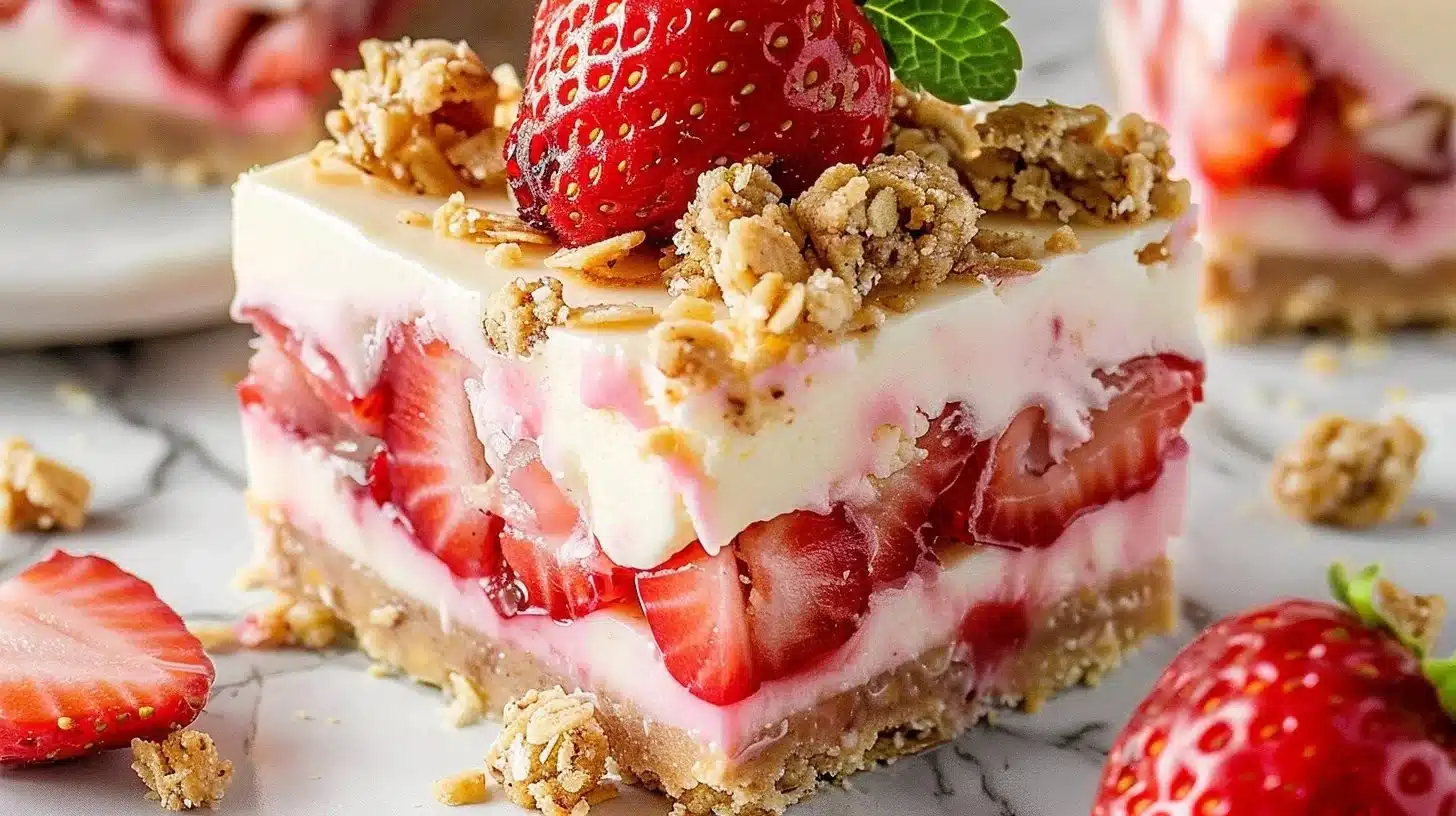 Strawberry Crunch Cheesecake Chunks dessert with fresh strawberries and creamy filling