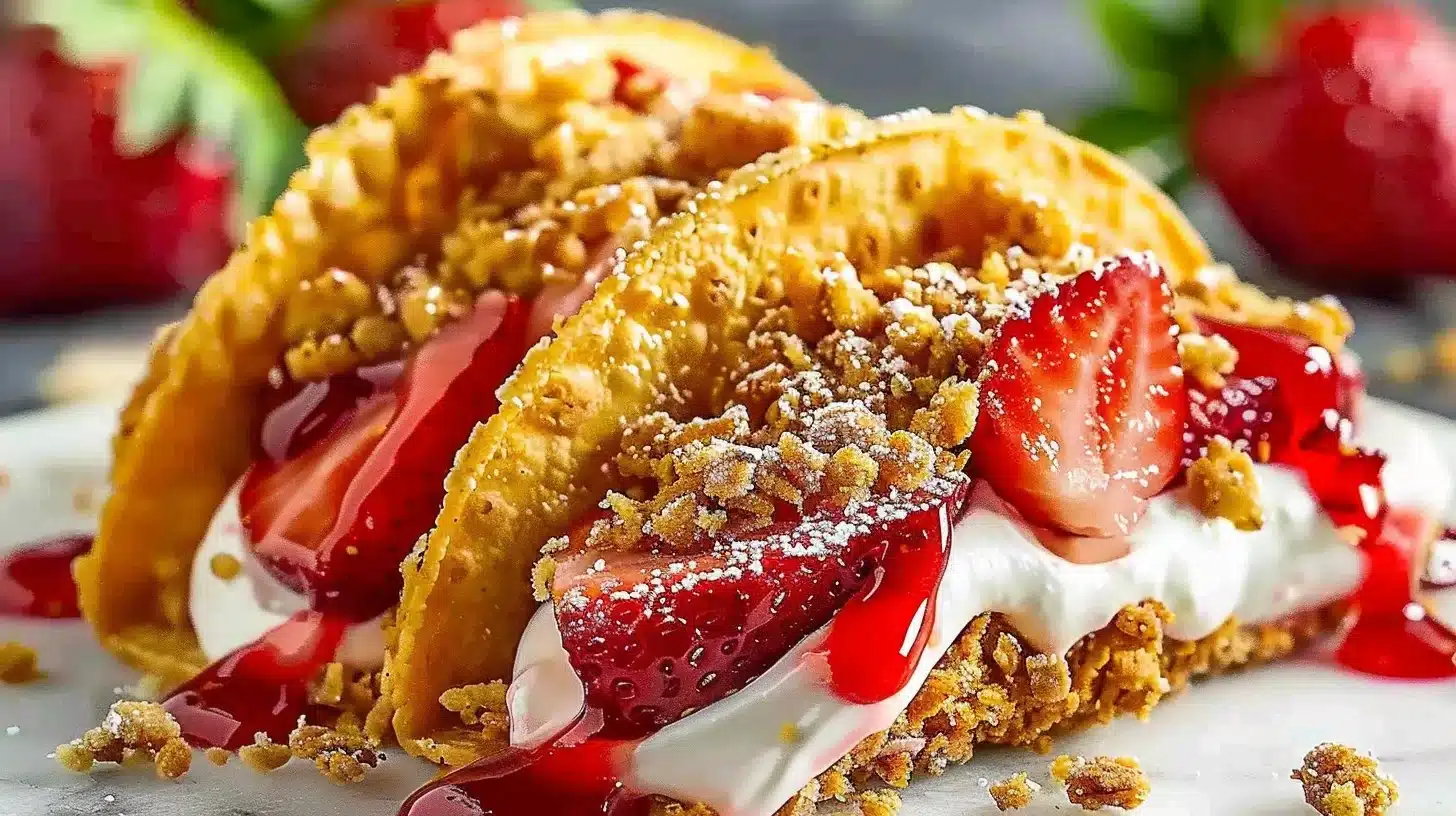 Delicious strawberry crunch cheesecake tacos ready to be enjoyed.