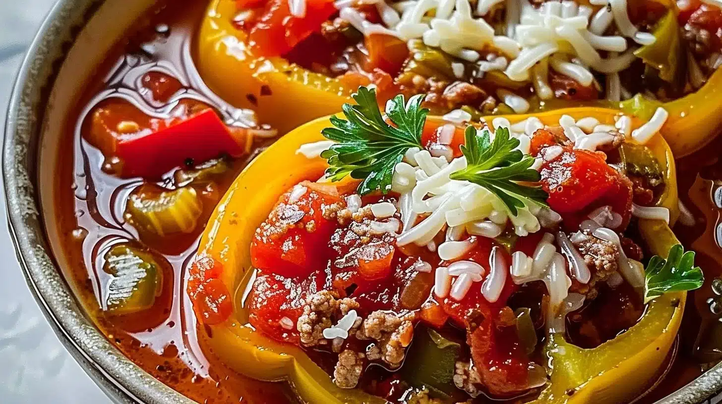 Bowl of stuffed bell pepper soup garnished with herbs and spices