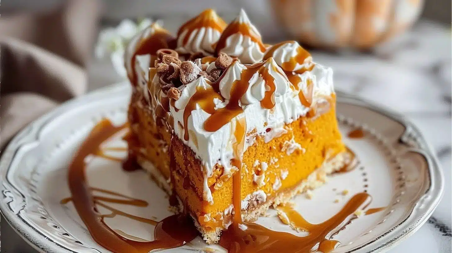 Sweet Potato Caramel Poke Cake topped with caramel sauce and whipped cream