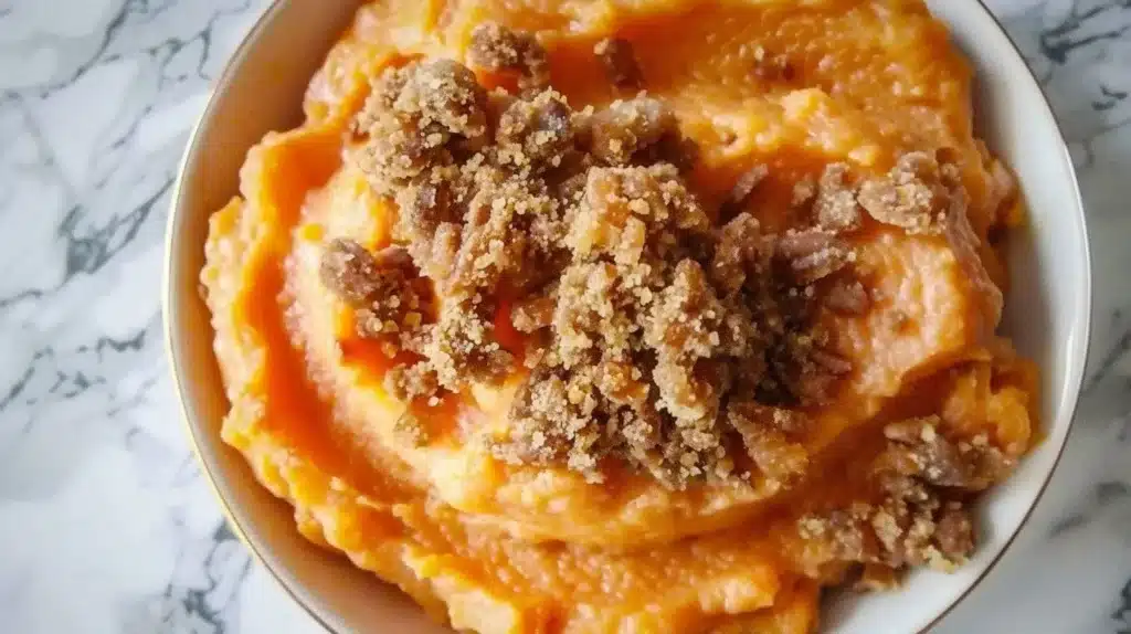 Delicious Sweet Potato Casserole topped with marshmallows and pecans