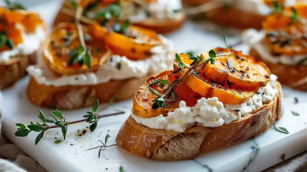 Sweet potato crostini topped with goat cheese and herbs on a serving platter.