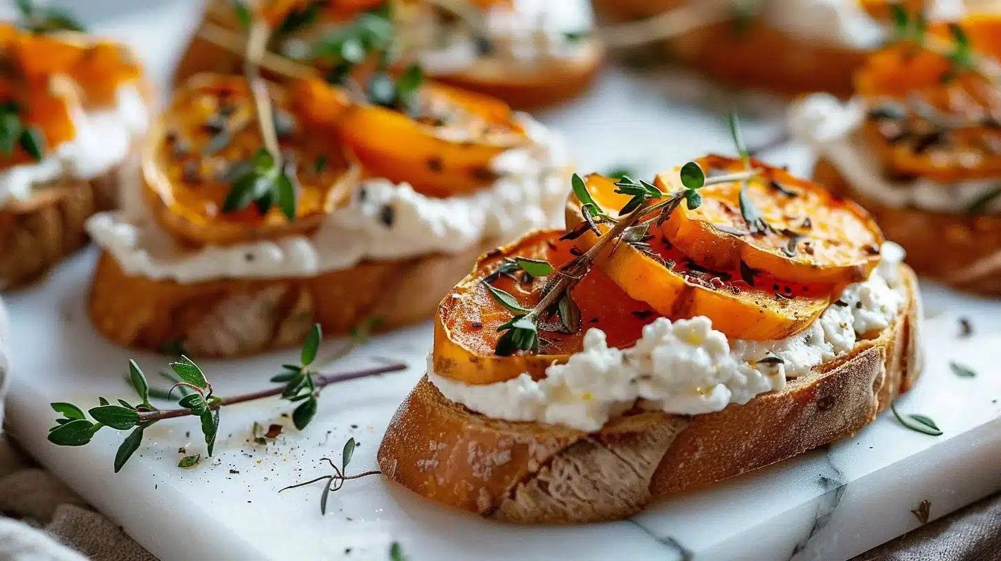 Sweet potato crostini topped with goat cheese and herbs on a serving platter.