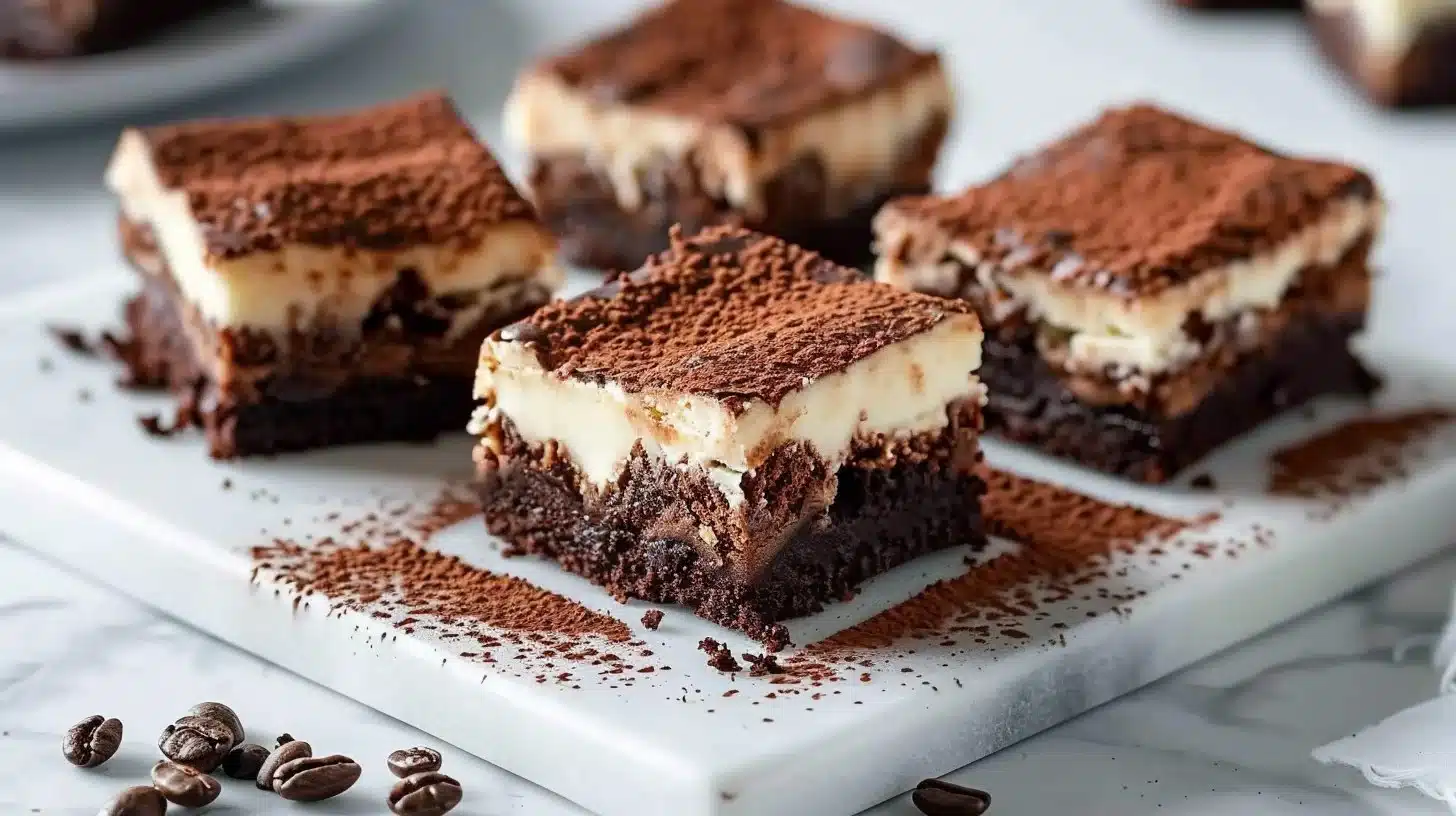 Delicious tiramisu brownies with a creamy espresso topping on a plate.