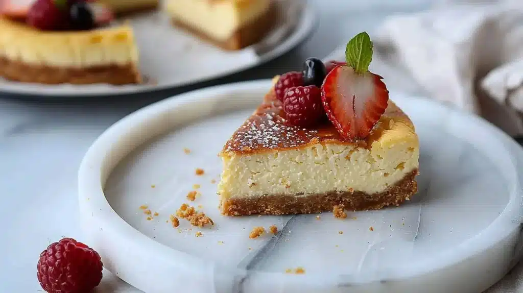 Delicious tray baked cheesecake topped with berries and served on a platter