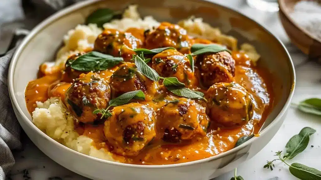 Turkey meatballs served in pumpkin sage sauce on a plate