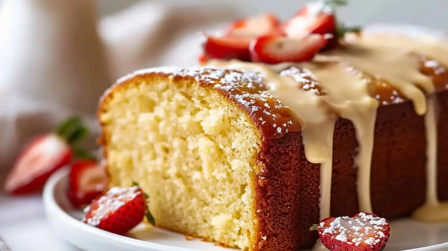 Slice of ultra-creamy pound cake with a buttery glaze