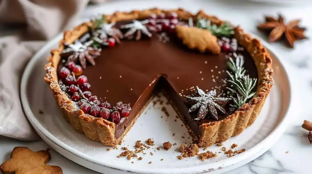 Vegan Gingerbread Chocolate Tart showcasing rich chocolate and gingerbread flavors