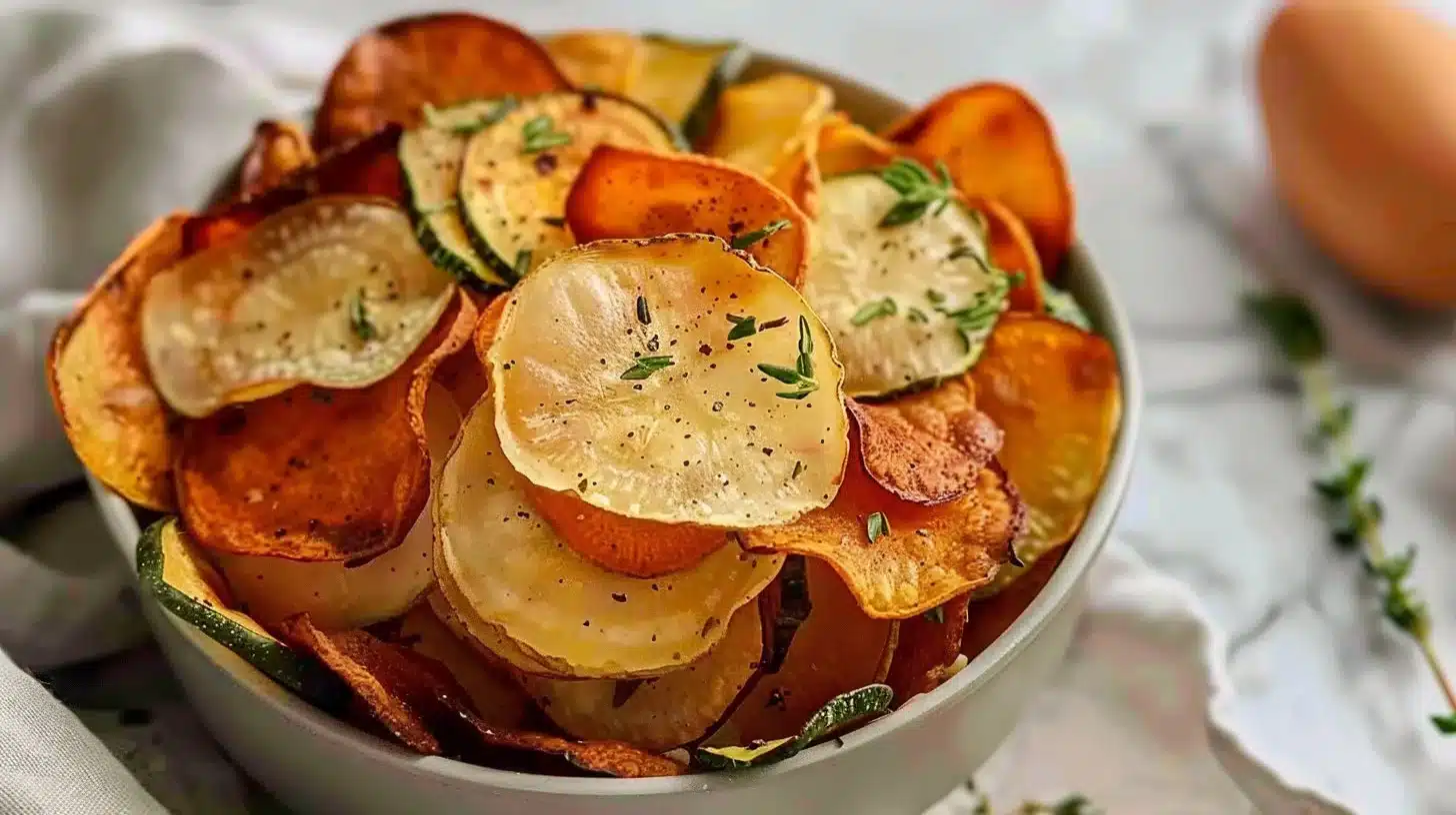 Crispy air fryer vegetable chips made from fresh vegetables.
