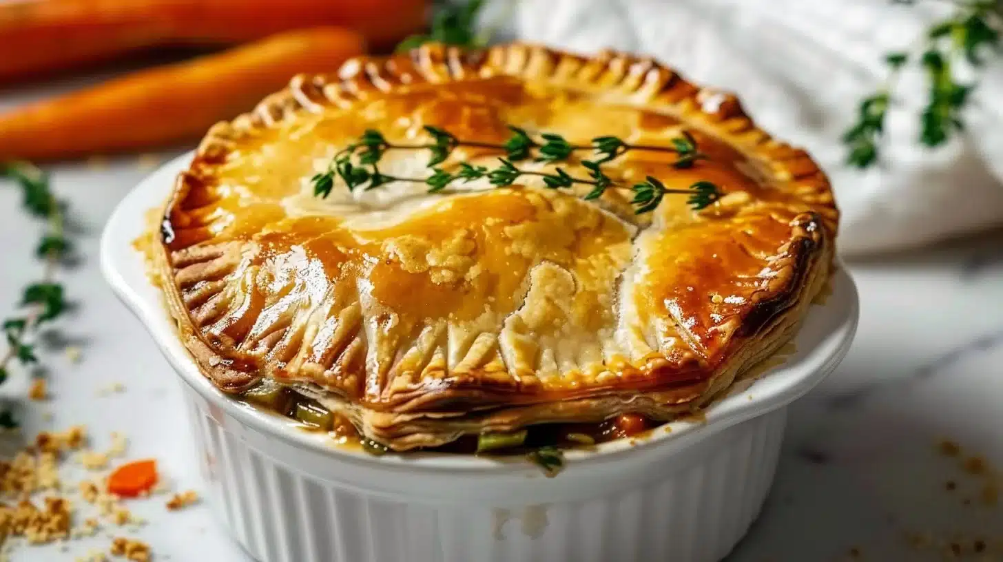 Homemade vegetable pot pie with a flaky crust and colorful vegetables