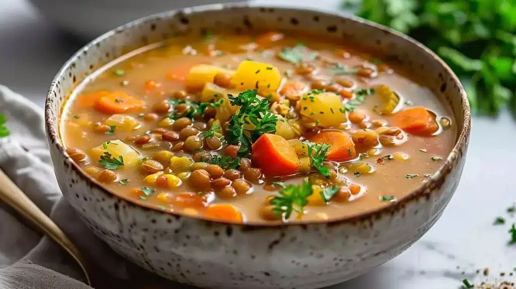 Bowl of delicious Vegetarian Lentil Soup with fresh vegetables and herbs.