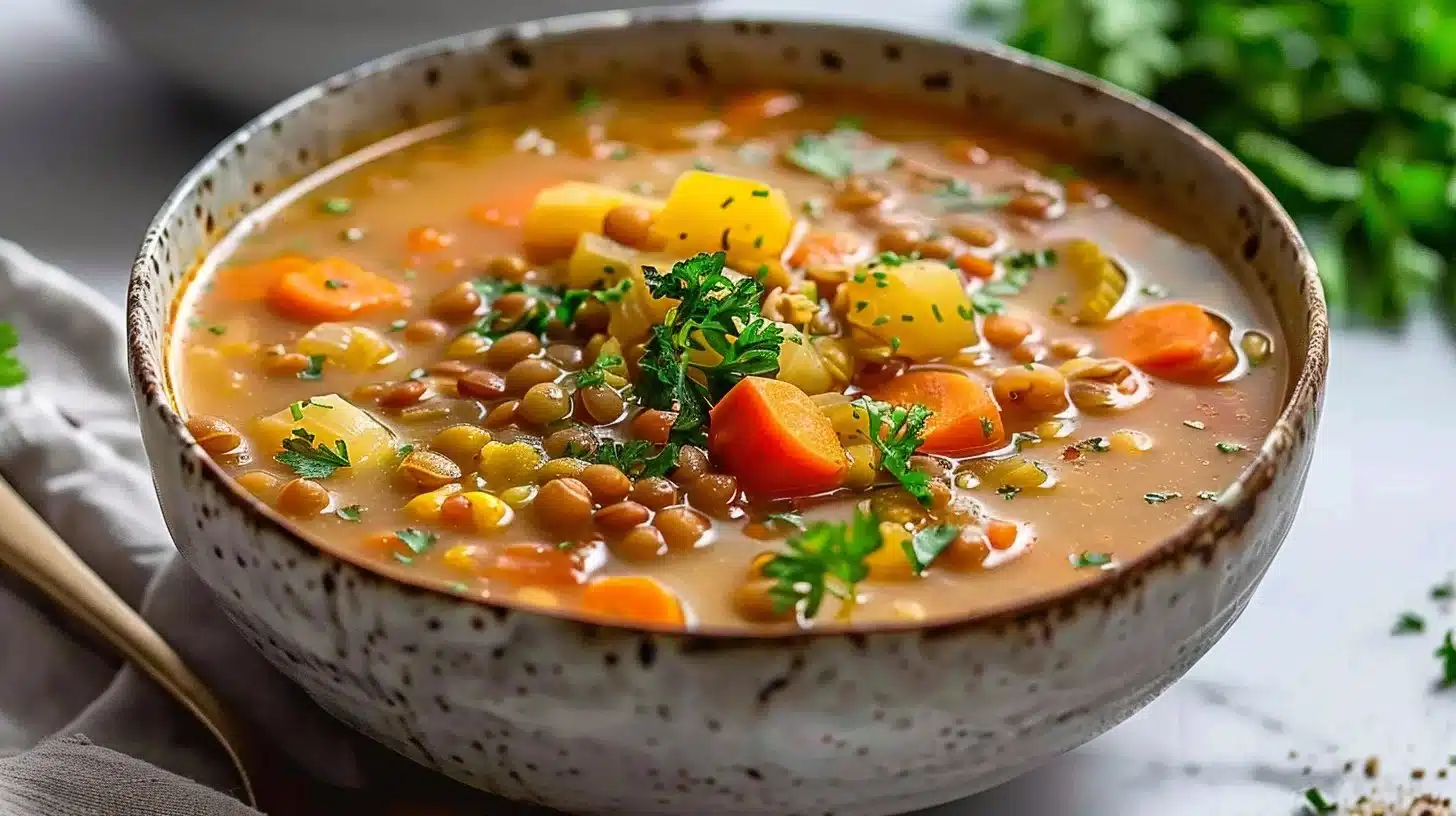 Bowl of delicious Vegetarian Lentil Soup with fresh vegetables and herbs.