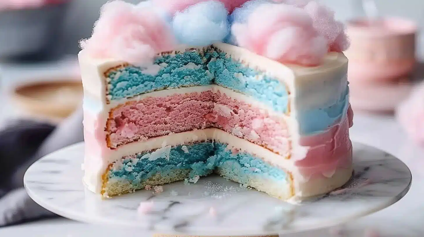 Whimsical cotton candy cake with colorful layers and frosting