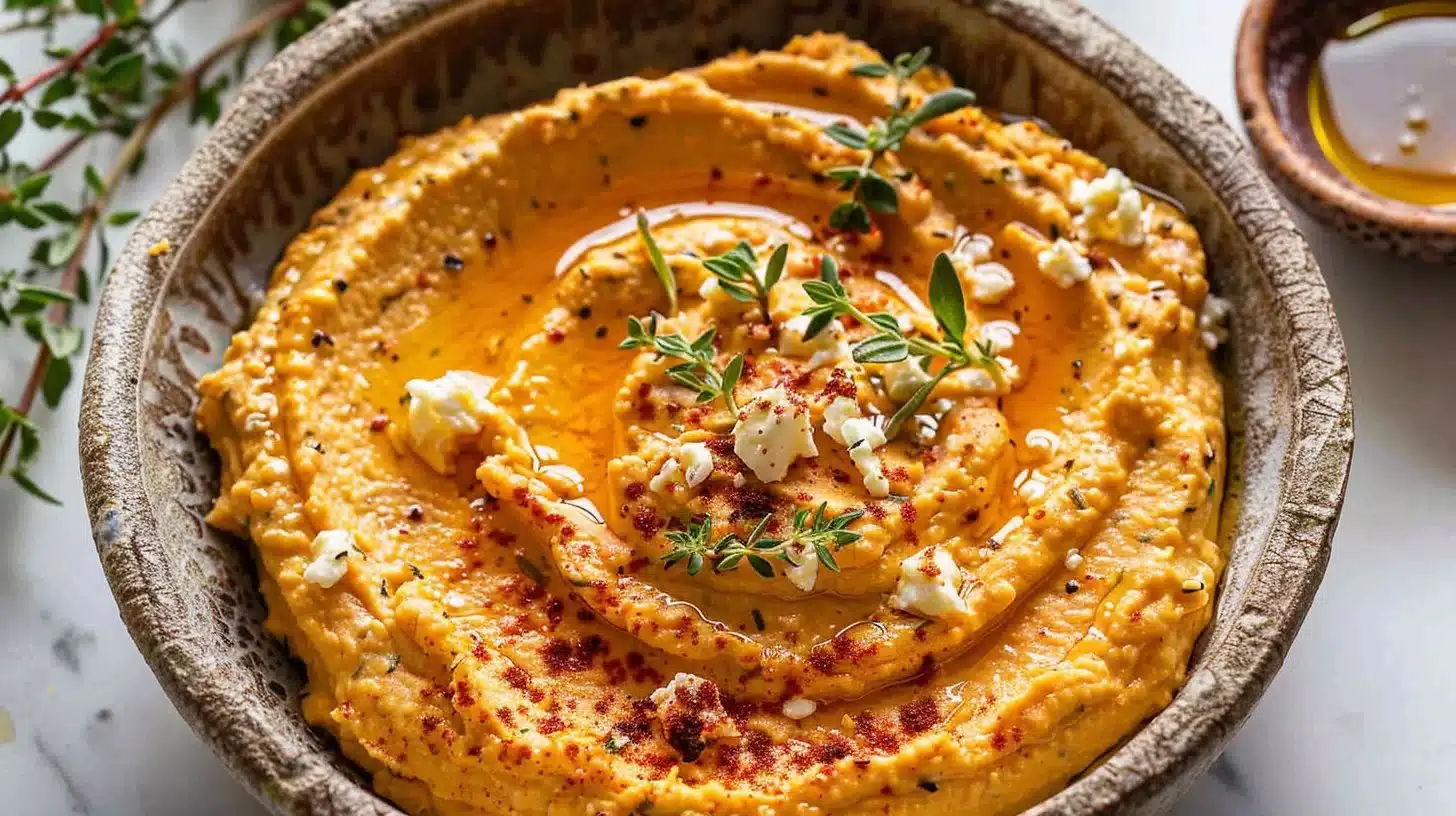 Whipped pumpkin feta honey and thyme dip served in a bowl