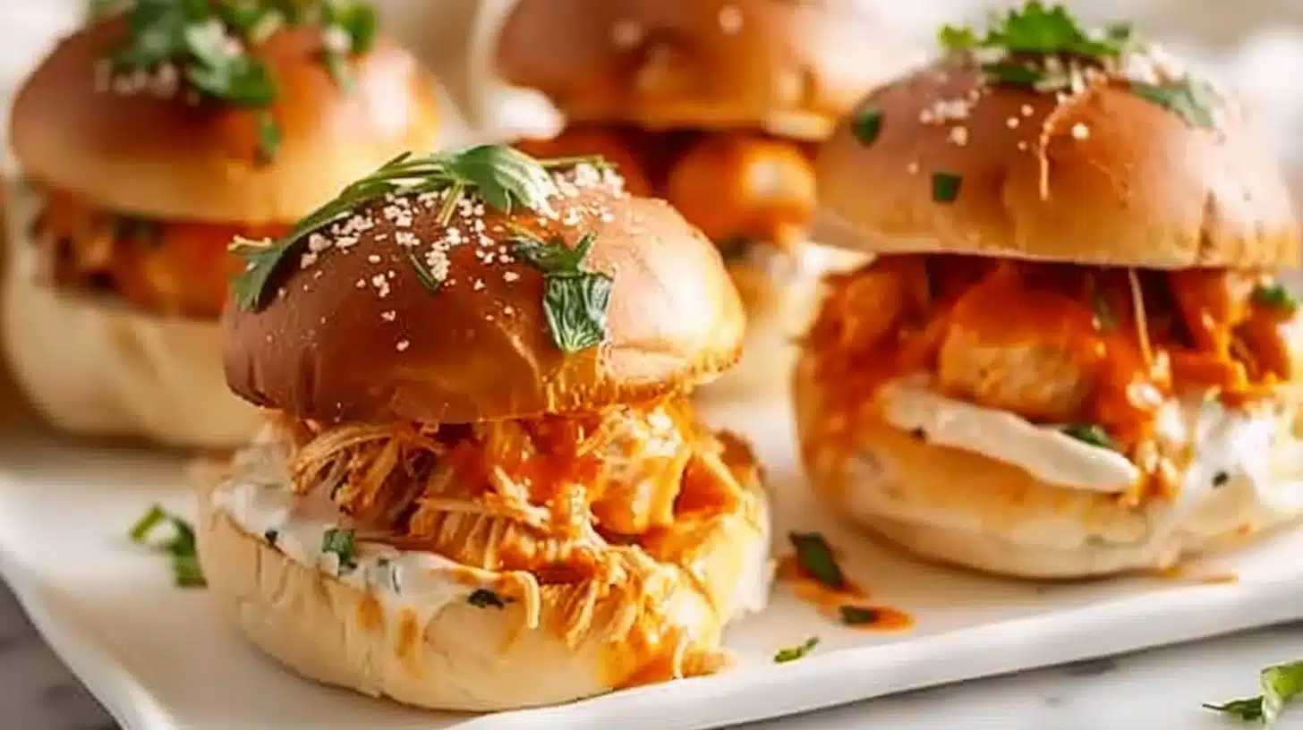 Zesty Buffalo chicken sliders served with garnishes on a plate.