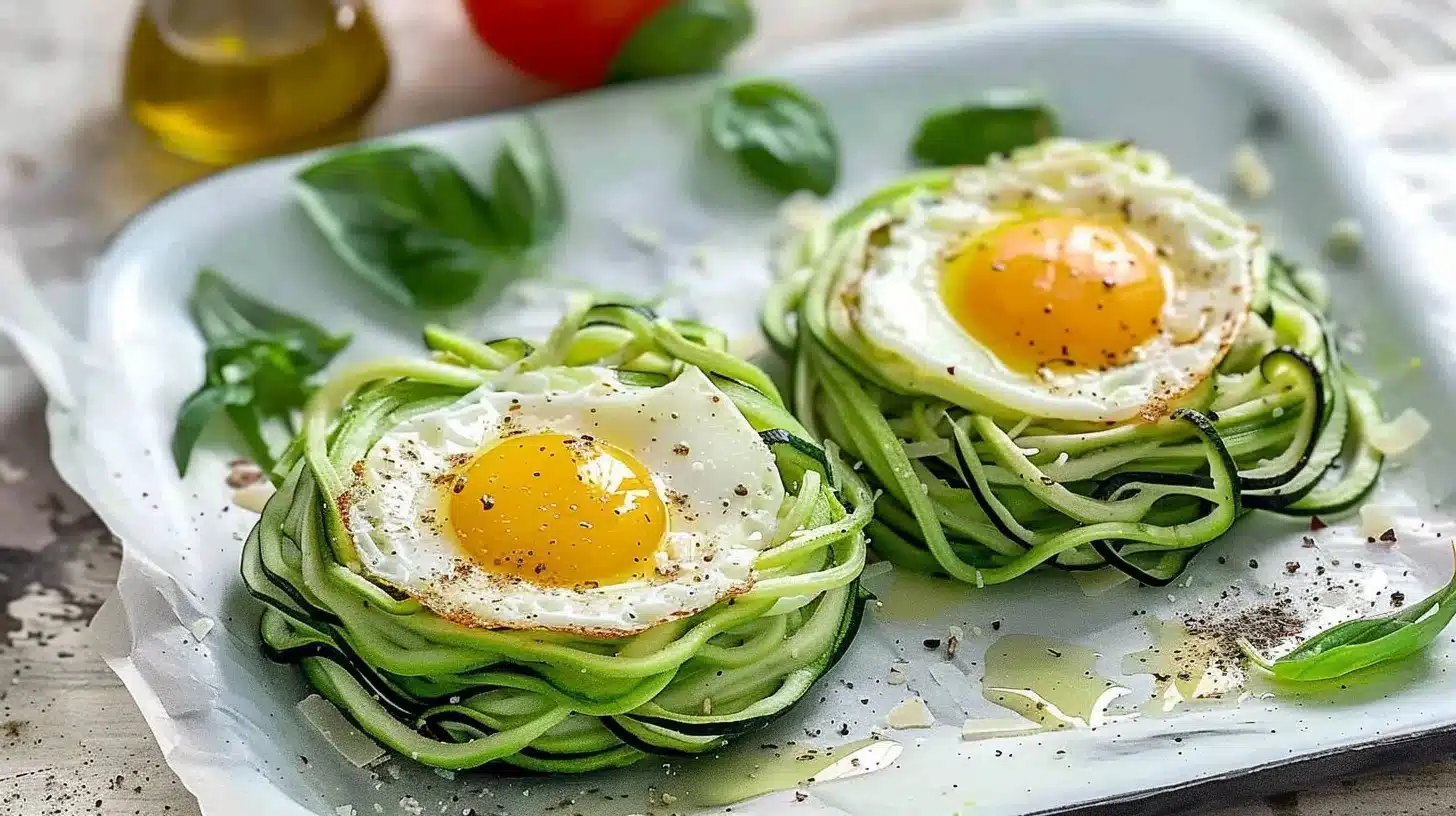 Zucchini nests filled with eggs and topped with parmesan cheese