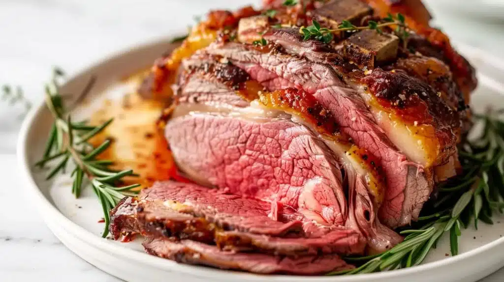 Perfectly cooked prime rib served with sides on a festive table