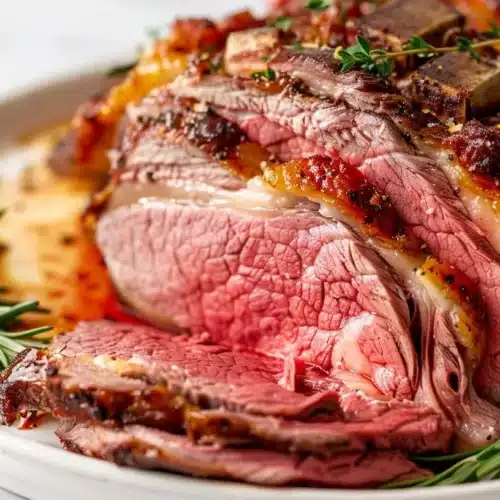 Perfectly cooked prime rib served with sides on a festive table