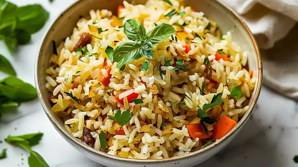 Delicious Rice Pilaf served with fresh herbs and spices.