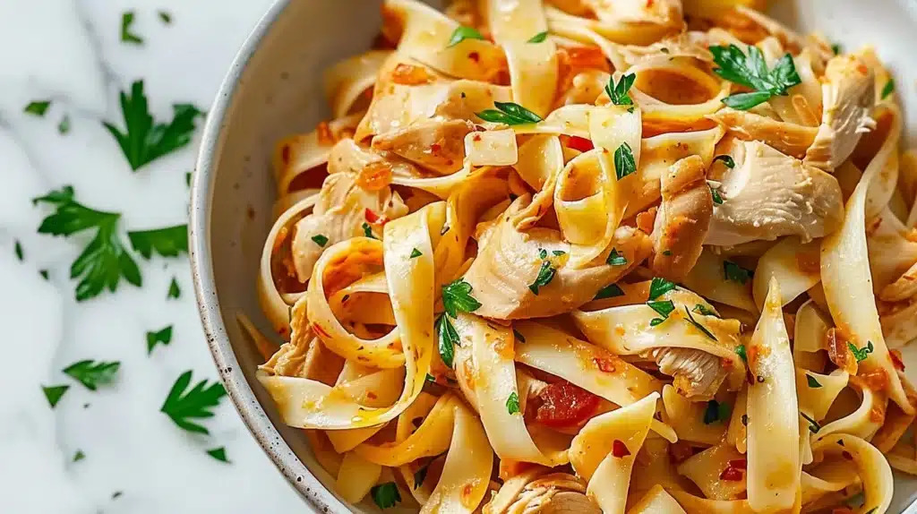 Delicious Beshbarmak chicken pasta dish served on a plate