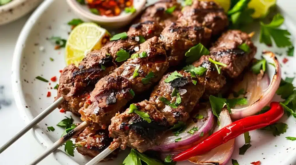 Delicious ground beef kebabs on skewers ready for grilling
