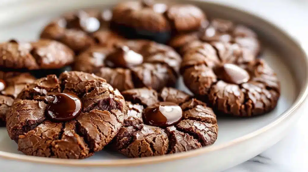 Delicious Chocolate Thumbprint Cookies with jam filling on a baking tray.