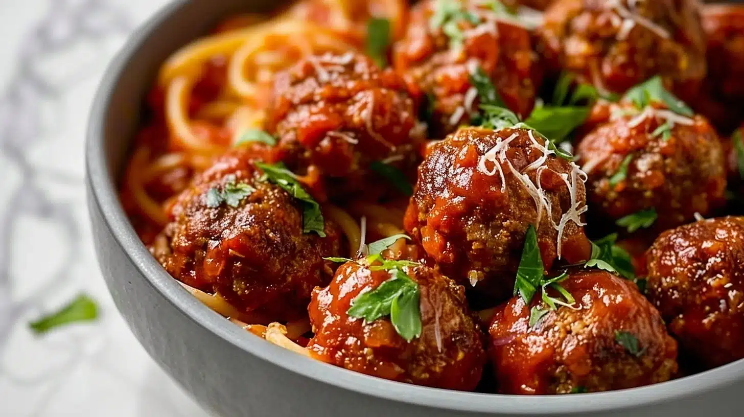 Plate of delicious oven baked meatballs served with sauce and herbs