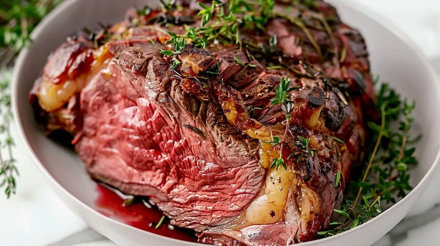 Reverse seared prime rib roast served with herbs and spices