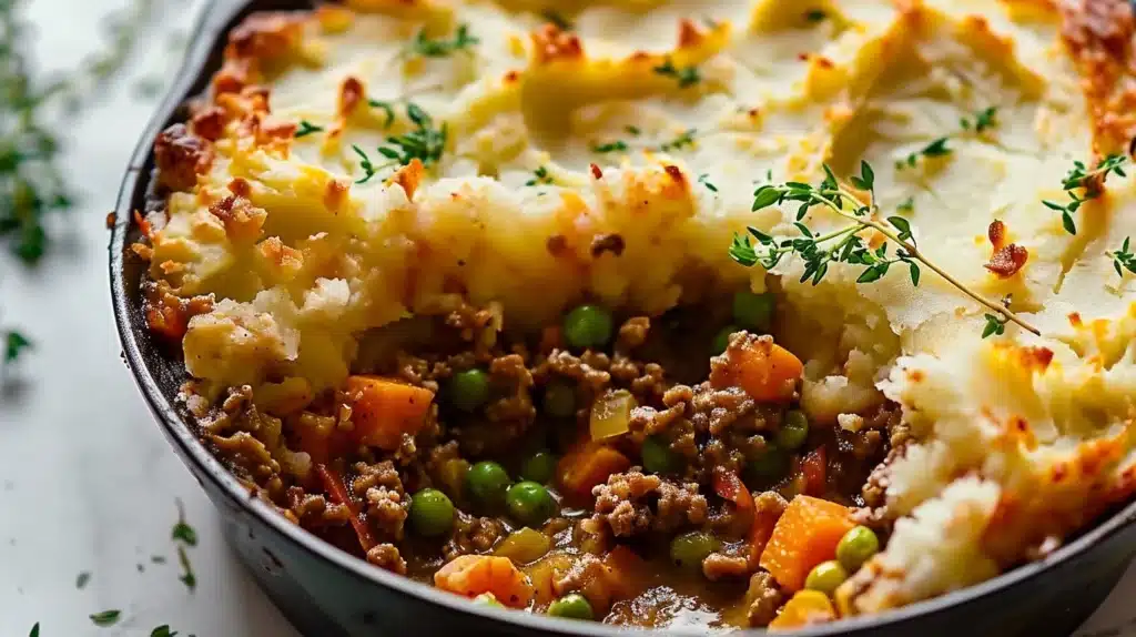 Delicious Easy Shepherd's Pie served in a bowl, topped with golden mashed potatoes.