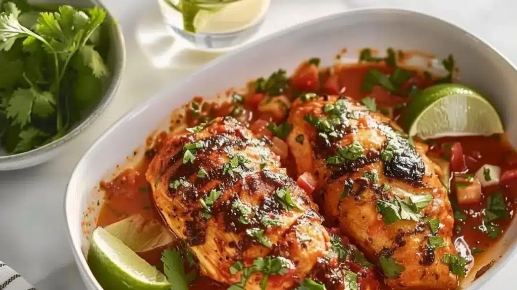 Delicious 3-ingredient salsa chicken breast dish served with vegetables