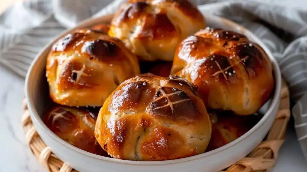 Freshly baked hot cross buns on a wooden table, warm and inviting.