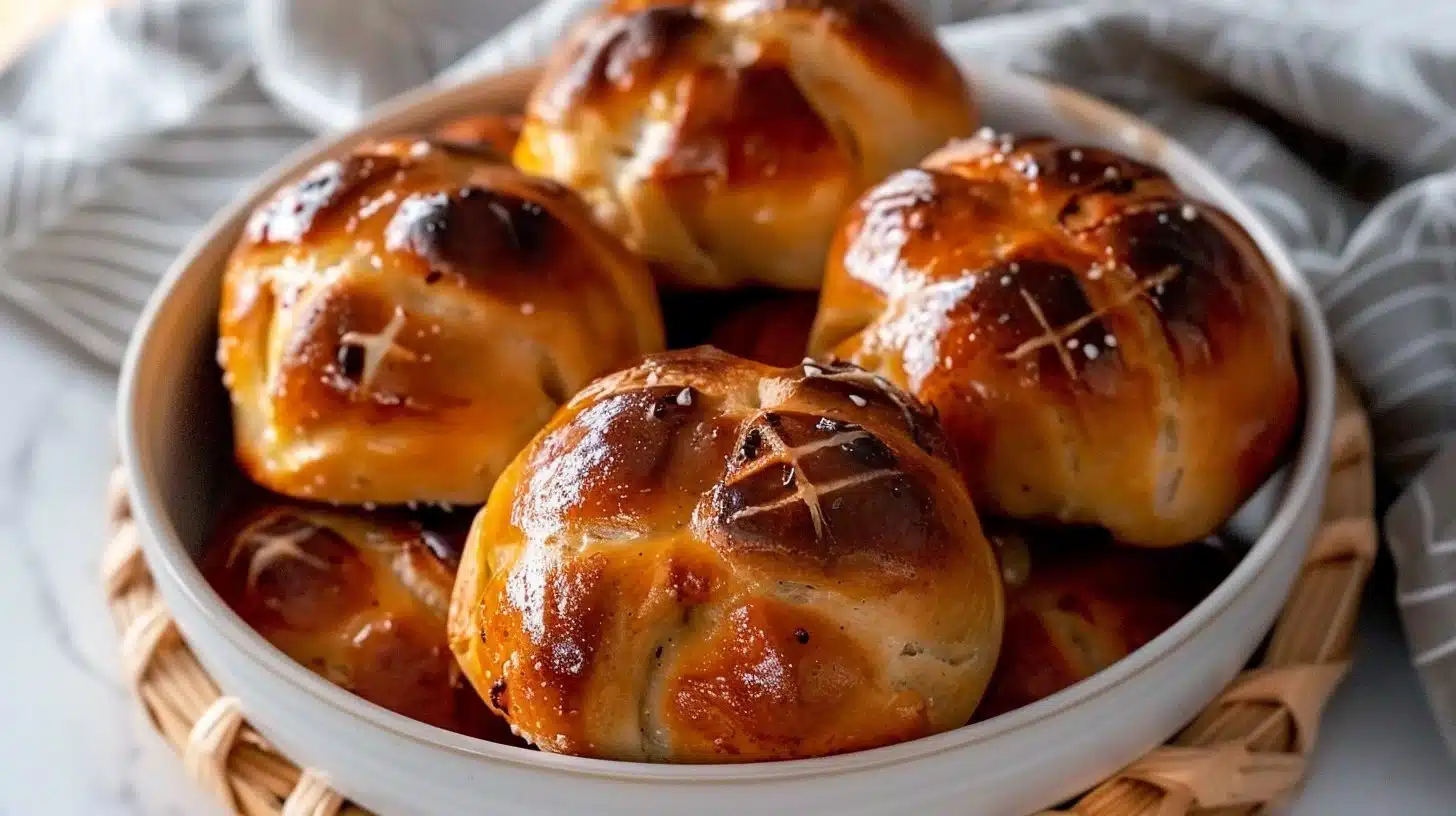 Freshly baked hot cross buns on a wooden table, warm and inviting.