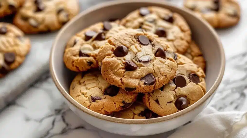 Soft chocolate chip cookies fresh out of the oven, warm and delicious.