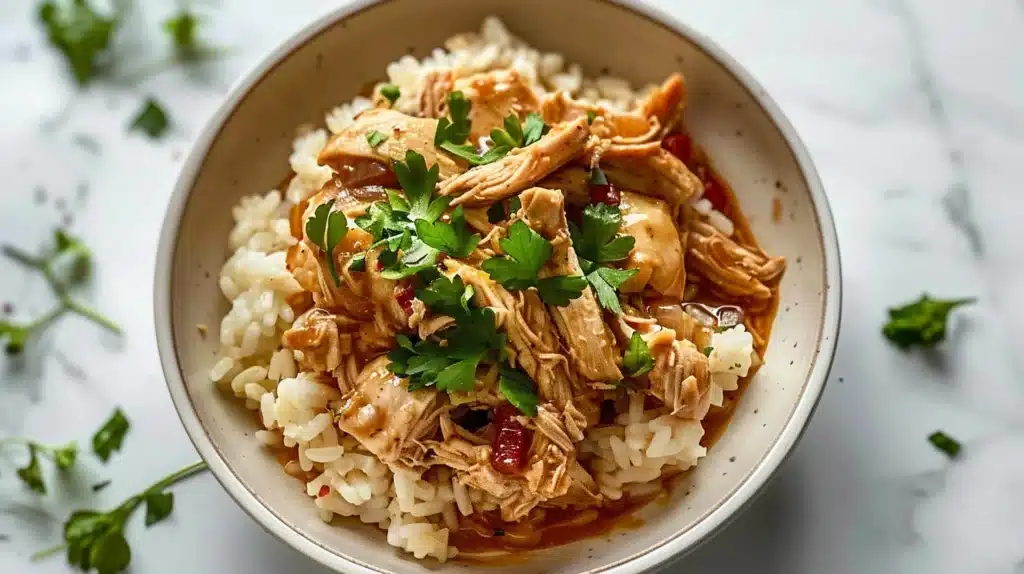 Slow cooker Mississippi Chicken served with rice and vegetables