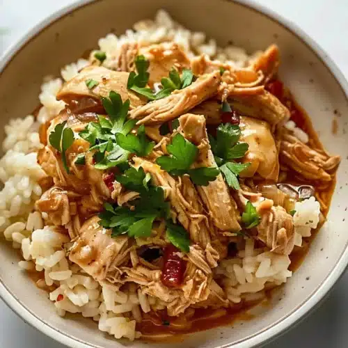 Slow cooker Mississippi Chicken served with rice and vegetables