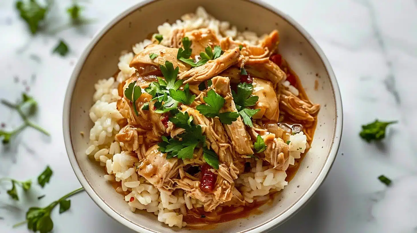 Slow cooker Mississippi Chicken served with rice and vegetables