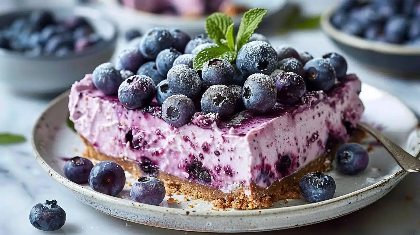 Delicious no bake blueberry cheesecake topped with fresh blueberries