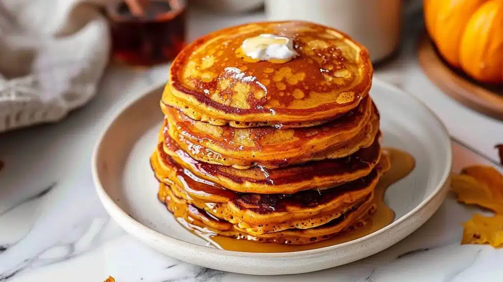 Stack of easy Halloween pumpkin pancakes topped with whipped cream and pumpkin seeds
