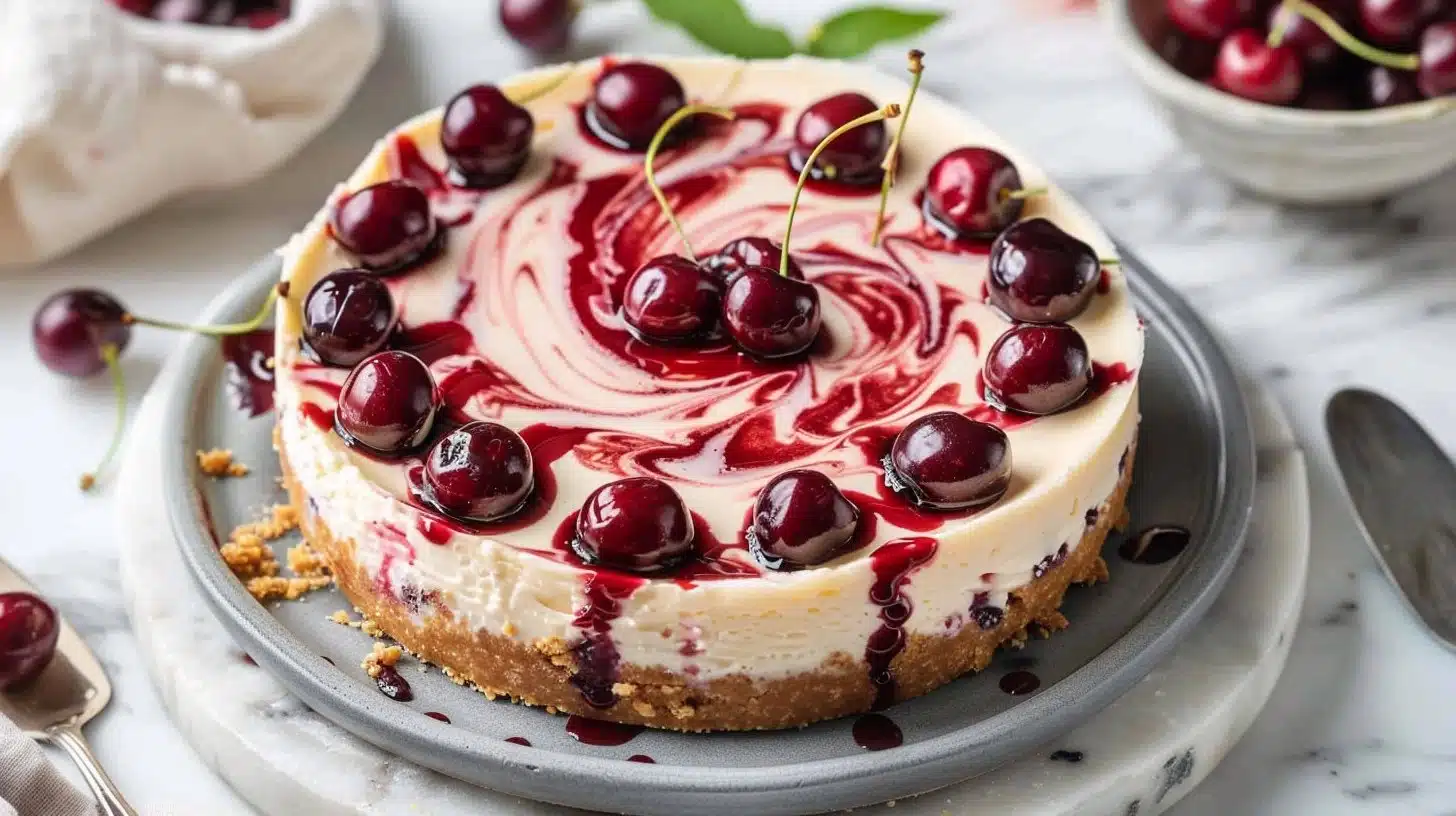 New York Style Swirl Cherry Cheesecake topped with vibrant cherries.