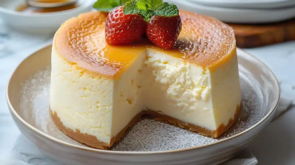 Deliciously fluffy Japanese Cheesecake topped with whipped cream and fruit.