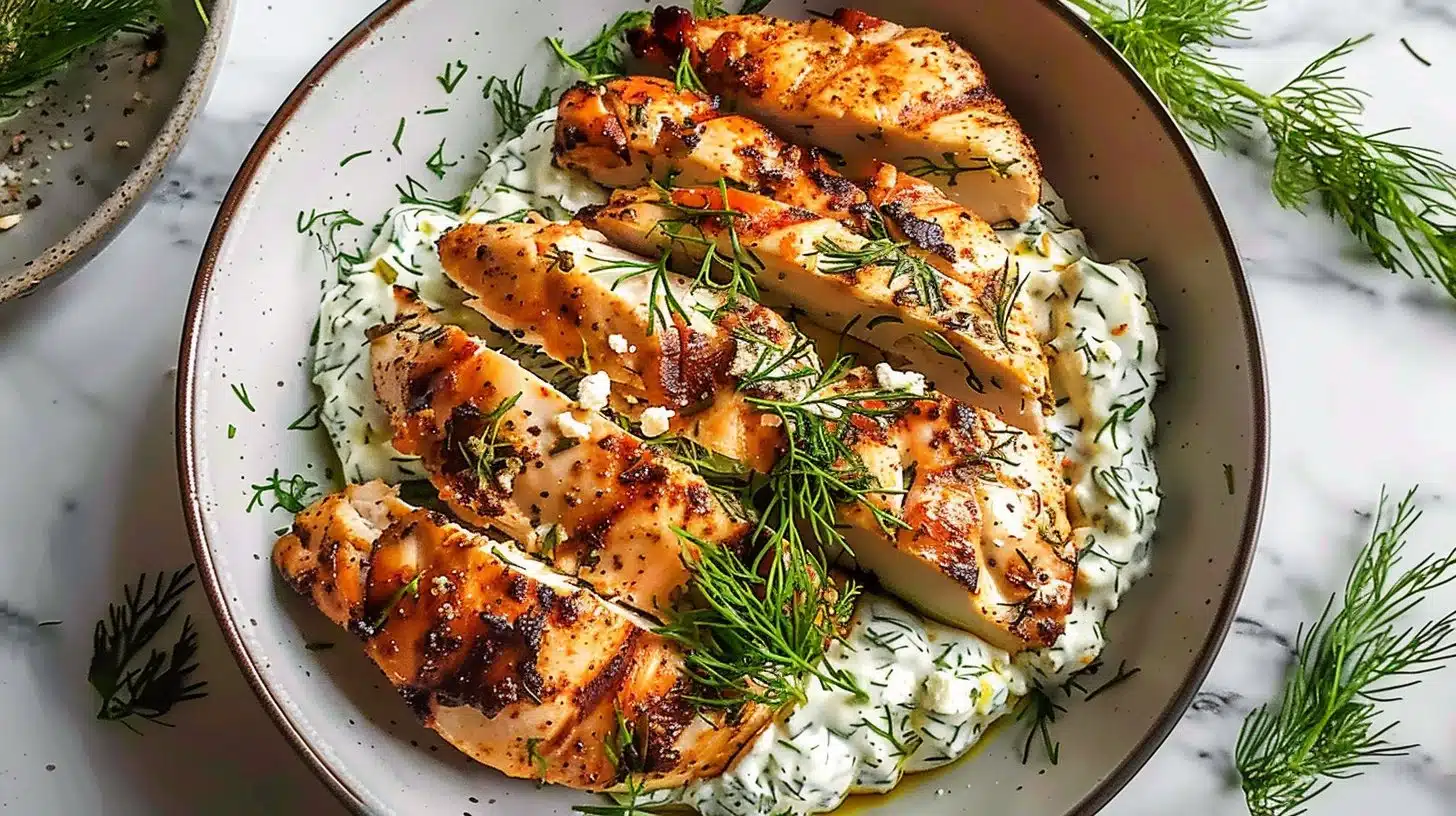 Spicy yogurt marinated chicken garnished with dill feta on a plate.