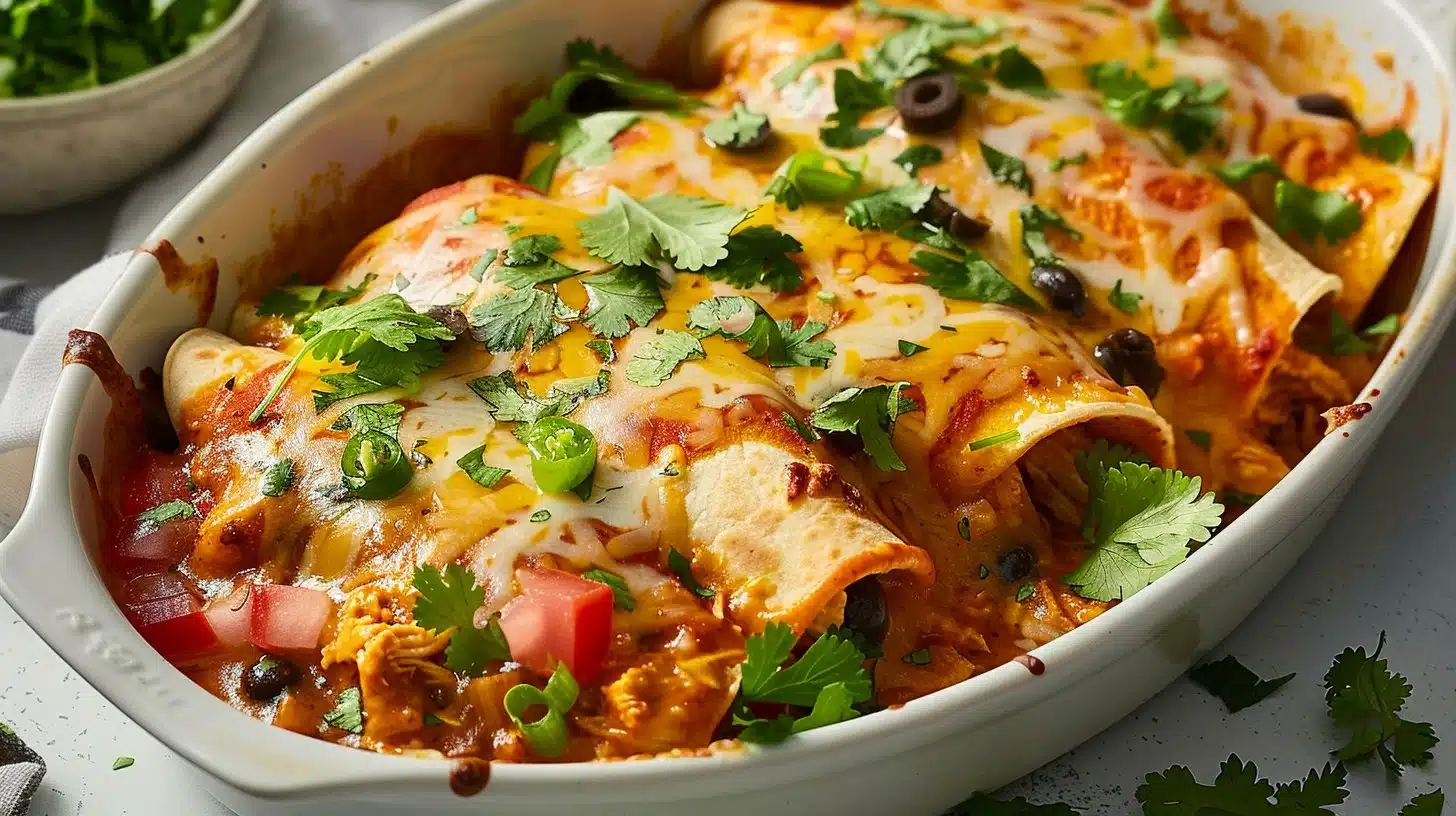 Cheesy Chicken Enchiladas topped with salsa and fresh herbs.